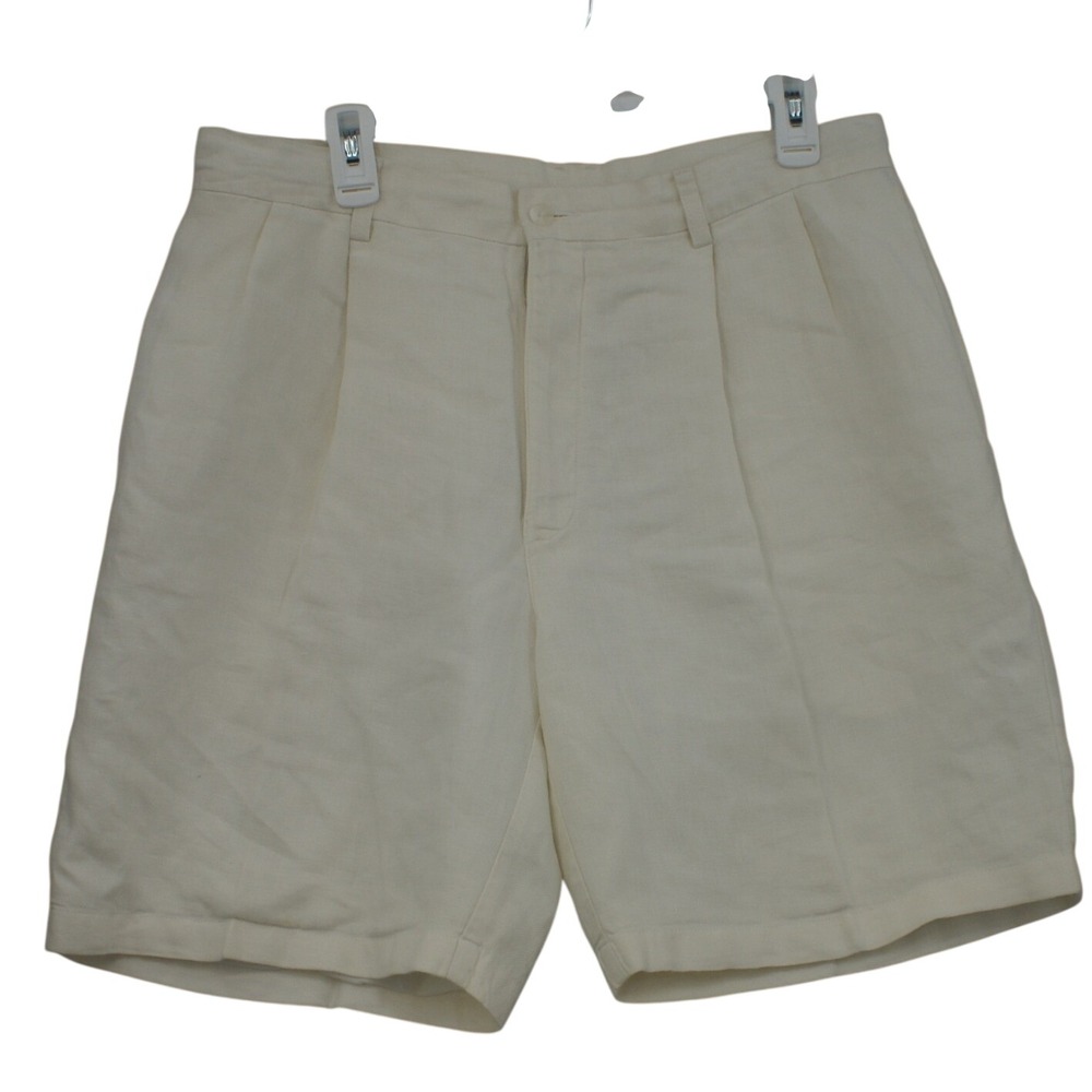 Turnbury Mens Pleated 100% Linen Shorts White Size 36 Casual Summer Vacation